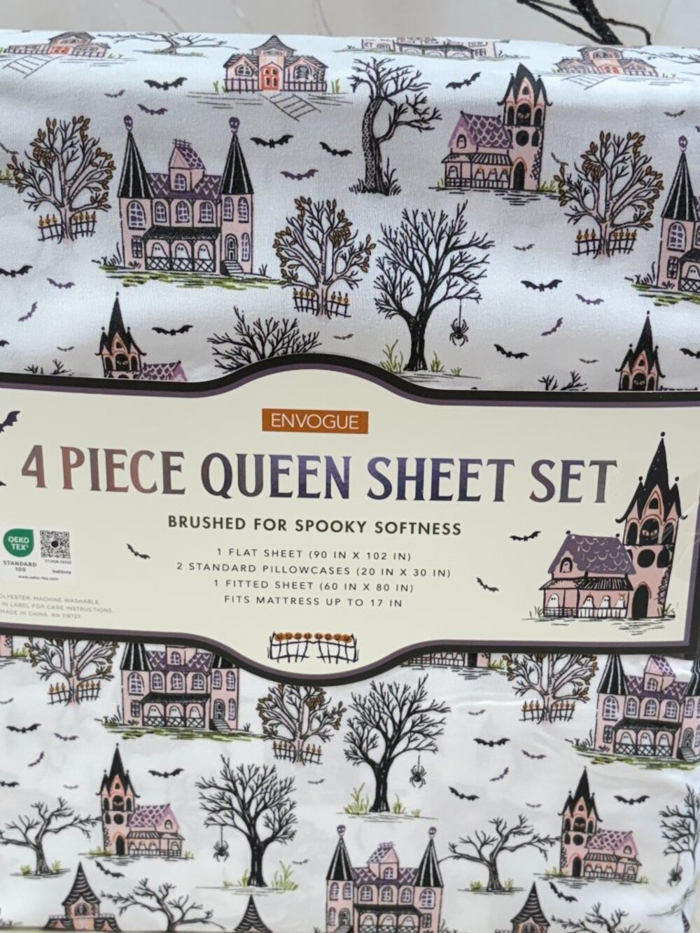 EnVogue Halloween Spooky Pink Haunted Houses Bat 4 Piece Queen Sheet Set New